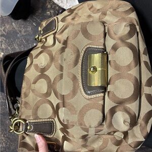 Coach Tan and Brown Signature Bag with Gold Clasp